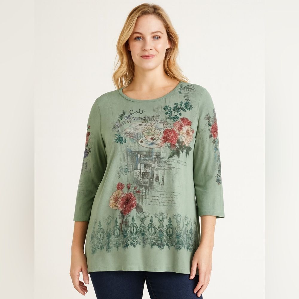 Christopher & Banks Tea Time Graphic Top Green M